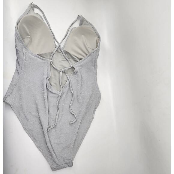 H&M Plunge One Piece Swimsuit Size XL Silver Glitter Maillot Sexy Glam High Cut - Picture 4 of 7